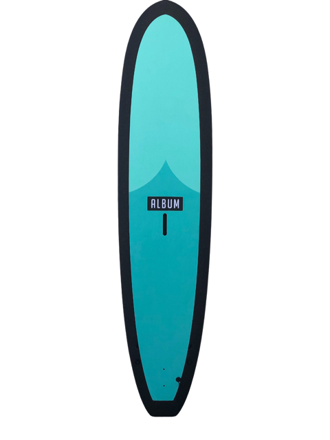 A turquoise and blue 7 foot 11 inch Album Kookalog surfboard with a logo on a transparent background