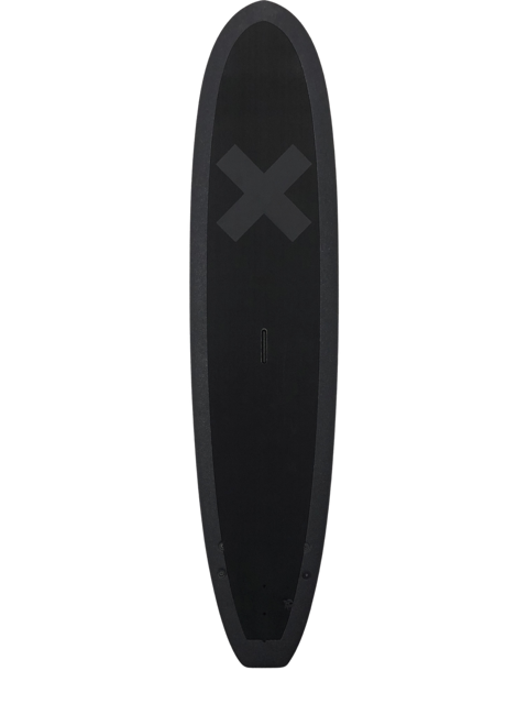 A black 7 foot 11 inch Album Kookalog surfboard with a black x illustration on a transparent background