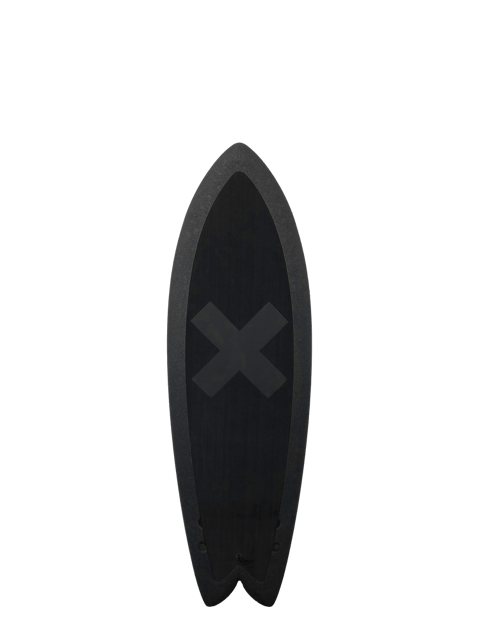 A black 5 foot 7 inch Album Presto surfboard with a black x illustration on a transparent background