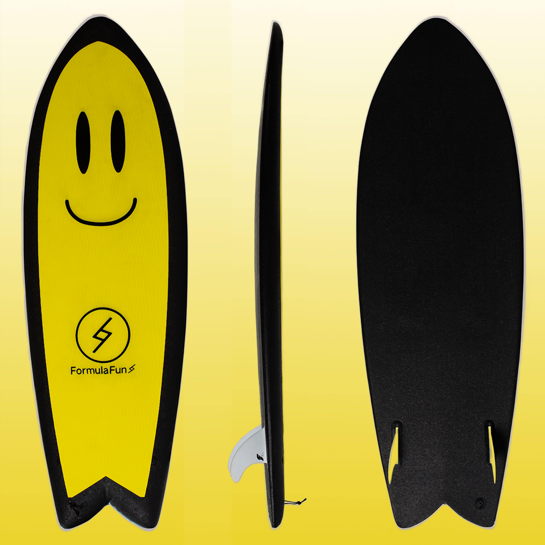 Front, profile and back of a yellow smiley 5 foot 3 inch Formula Fun Foamies Twinnie surfboard on a yellow shaded background