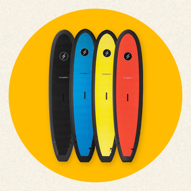 Formula Fun Doho surfboards in Blackout, Del Mar, Mellow Yellow, and Rojo Rocket colorways